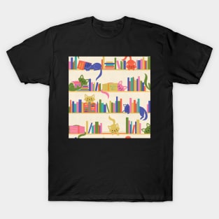 Cozy Cats and Books in Bright, Vintage Colors T-Shirt